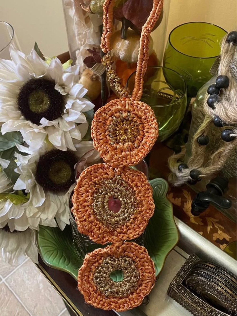 Handmade Orange Crochet Triple Circle Necklace with Gold Accents